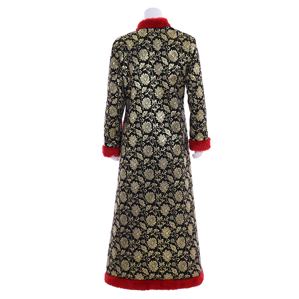Medieval Victorian Men's Gold Patterned Red Trimmed Opulent Noble Court Long Coat Costume Cosplay Stage Outfit Adult Halloween Christmas Party Themed Outfit