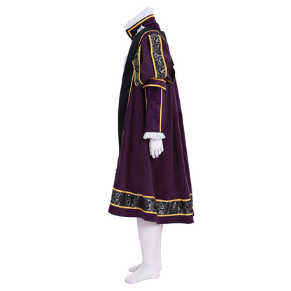 Renaissance Men's Purple Embroidered Robe with Gold Trim and Tricorn Hat Tudor - style for Cosplay Themed Events Halloween Christmas or Themed Parties