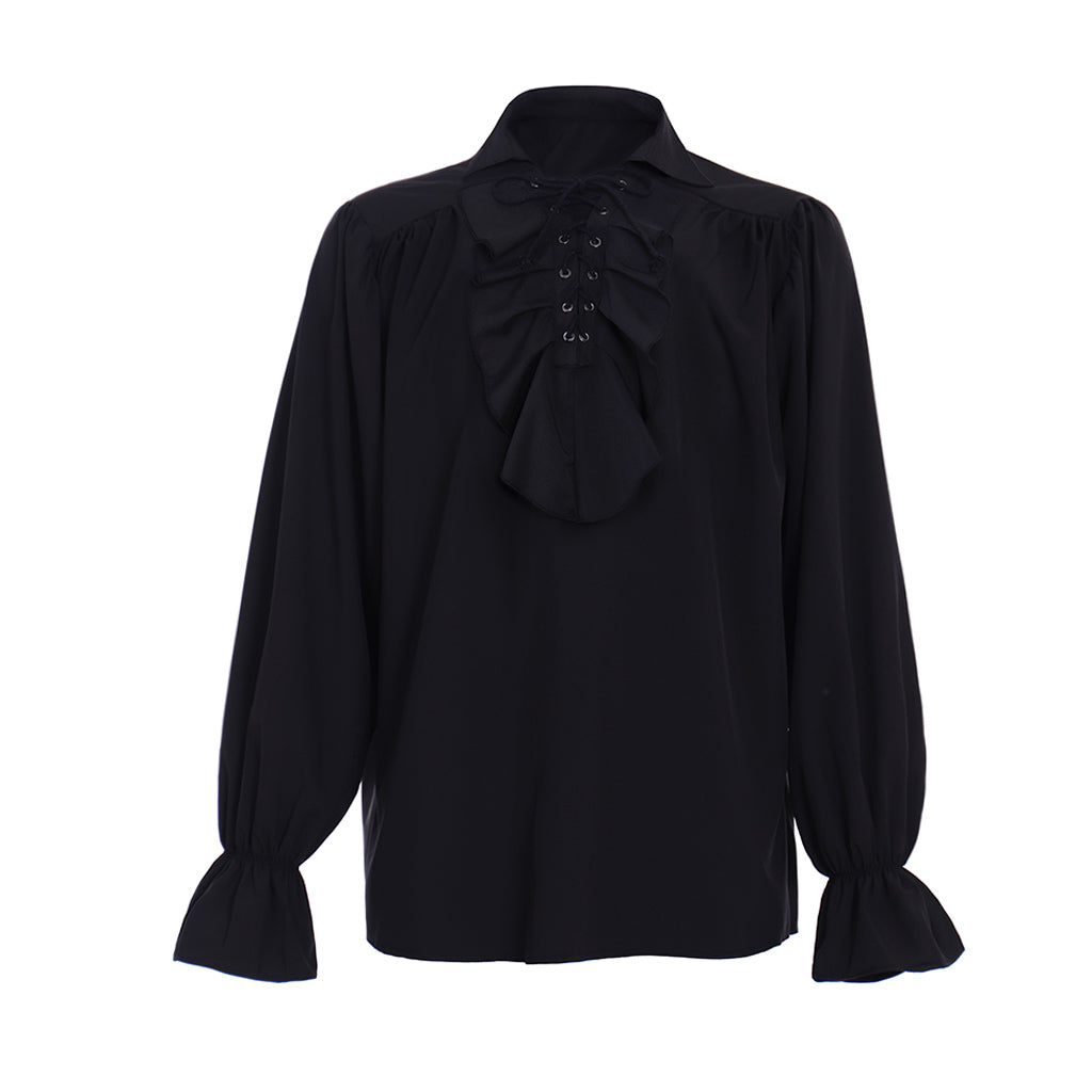 Medieval Men's White Long  Sleeve Shirt with Ruffled Lace  up Neckline and Flared Cuffs for Cosplay Themed Events Halloween Christmas or Parties