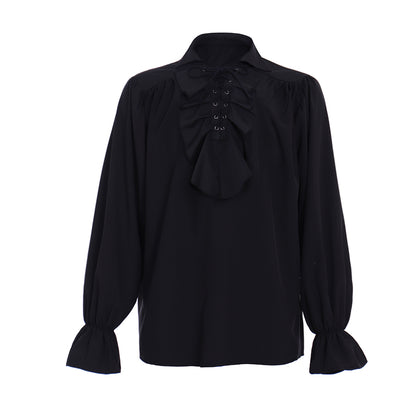 Medieval Men's White Long  Sleeve Shirt with Ruffled Lace  up Neckline and Flared Cuffs for Cosplay Themed Events Halloween Christmas or Parties