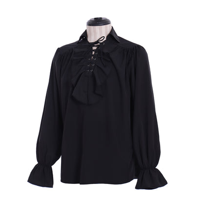 Medieval Men's White Long  Sleeve Shirt with Ruffled Lace  up Neckline and Flared Cuffs for Cosplay Themed Events Halloween Christmas or Parties