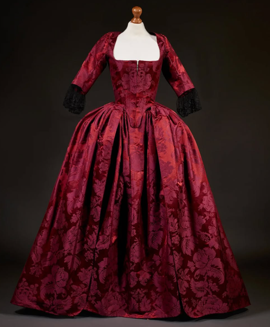Rococo Style Burgundy Damask Satin Gown with Black Ruffled Cuff Embellishments for Historical Reenactments Halloween Christmas