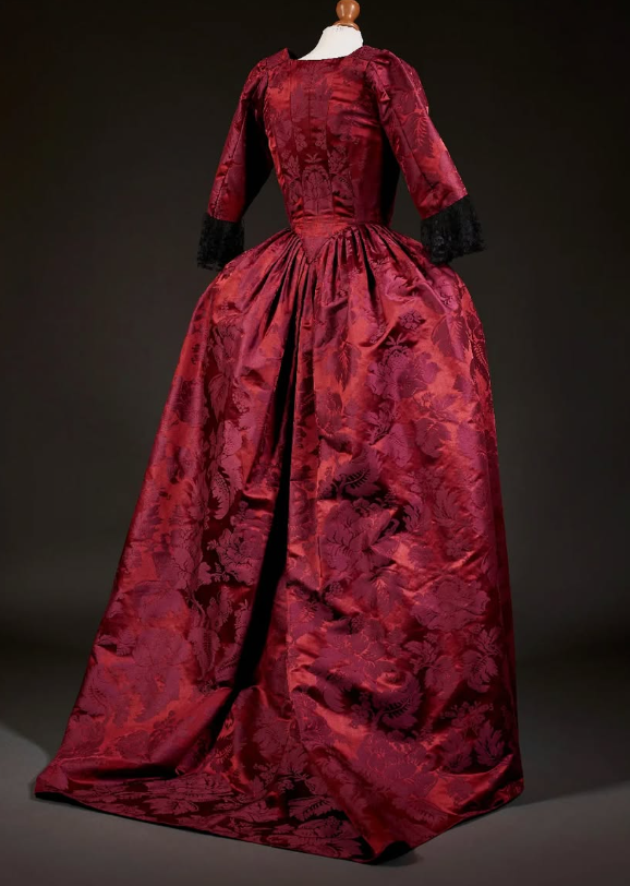 Rococo Style Burgundy Damask Satin Gown with Black Ruffled Cuff Embellishments for Historical Reenactments Halloween Christmas
