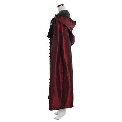 Medieval Gothic Burgundy Black Hooded Cloak Satin Cape with Lace Trim and Bowknot Women’s Renaissance Cosplay Halloween Costume