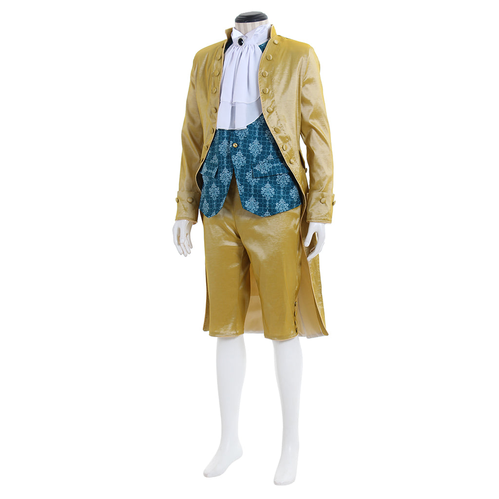 Medieval Men's Golden with White Ruffle and Blue Patterned Waistcoat Court Coat Costume for Cosplay Themed Events Halloween Christmas or Themed Parties
