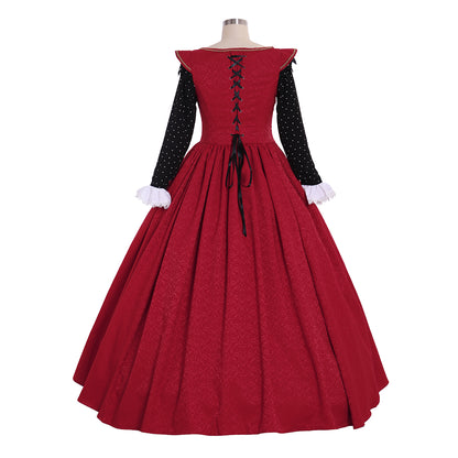 Medieval Tudor Queen Dress Costume Red and Gold Ornate Pattern Square Neckline Long Sleeve with White Cuffs Women's Halloween Fancy Outfits Party Costume Prom Outfit Valentine's Day Party Evening Dress Masquerade Adults' Dress All