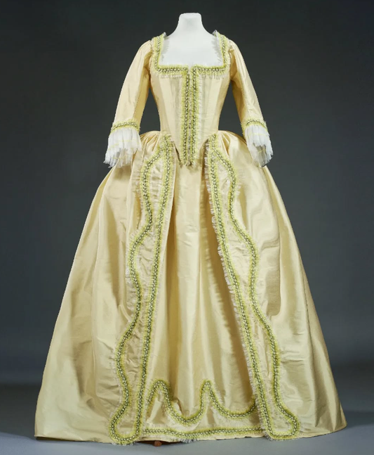 Rococo Style Satin Gown with Green Trim and Elaborate Detailing for Historical Reenactments Royal Court Halloween Christmas