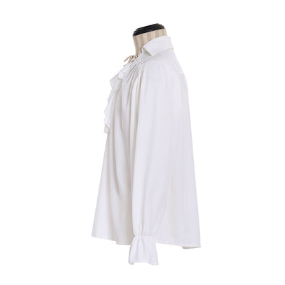 Medieval Men's White Long  Sleeve Shirt with Ruffled Lace  up Neckline and Flared Cuffs for Cosplay Themed Events Halloween Christmas or Parties