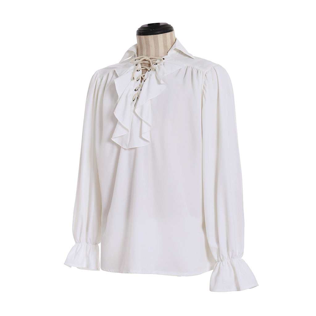 Medieval Men's White Long  Sleeve Shirt with Ruffled Lace  up Neckline and Flared Cuffs for Cosplay Themed Events Halloween Christmas or Parties