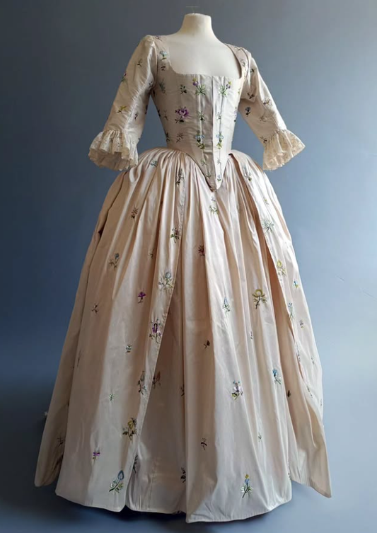 Rococo Style Pale Pink Satin Gown with Floral Embroidery and Elaborate Detailing for Royal Court Halloween Christmas