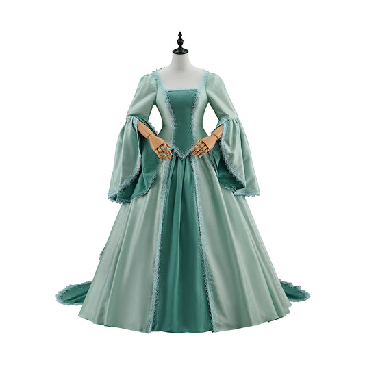 Renaissance Light Green Gown with Square Neckline Flared Sleeves and Flowing Skirt for Historical Reenactments Halloween Christmas