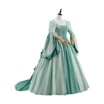 Renaissance Light Green Gown with Square Neckline Flared Sleeves and Flowing Skirt for Historical Reenactments Halloween Christmas