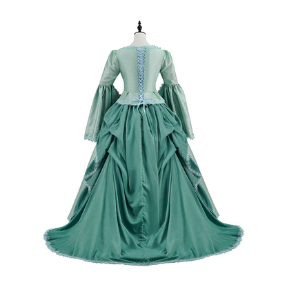 Renaissance Light Green Gown with Square Neckline Flared Sleeves and Flowing Skirt for Historical Reenactments Halloween Christmas