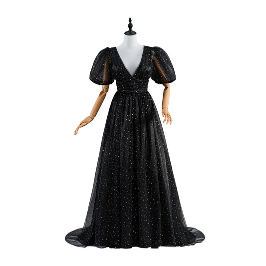 Regency Black V Neck Gown with Puff Sleeves and Flowing Skirt for Historical Reenactments Regency Themed Cosplay Events Formal Historical Galas
