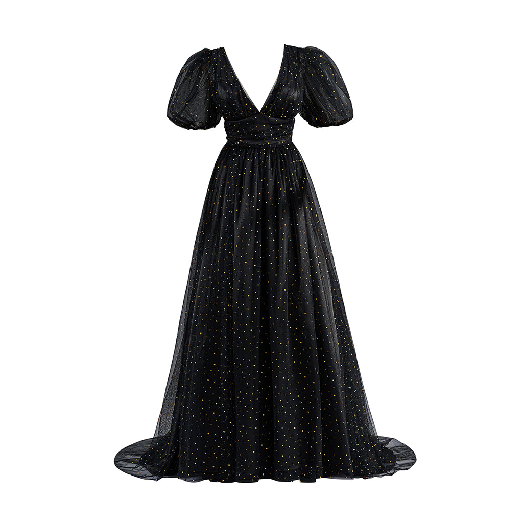 Regency Black V Neck Gown with Puff Sleeves and Flowing Skirt for Historical Reenactments Regency Themed Cosplay Events Formal Historical Galas