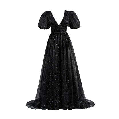 Regency Black V Neck Gown with Puff Sleeves and Flowing Skirt for Historical Reenactments Regency Themed Cosplay Events Formal Historical Galas