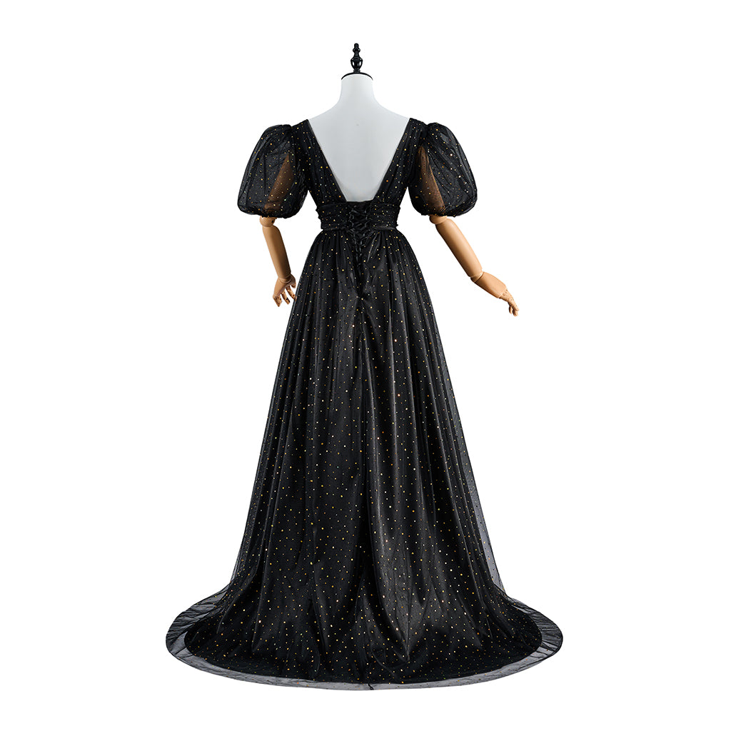 Regency Black V Neck Gown with Puff Sleeves and Flowing Skirt for Historical Reenactments Regency Themed Cosplay Events Formal Historical Galas