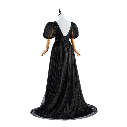 Regency Black V Neck Gown with Puff Sleeves and Flowing Skirt for Historical Reenactments Regency Themed Cosplay Events Formal Historical Galas