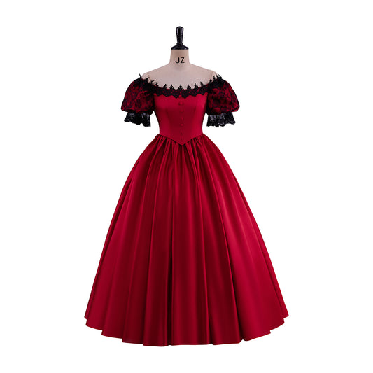Victorian Red Satin Gown with Off Shoulder Neckline Black Ruffled Trim for Historical Reenactments Victorian Themed Halloween Christmas