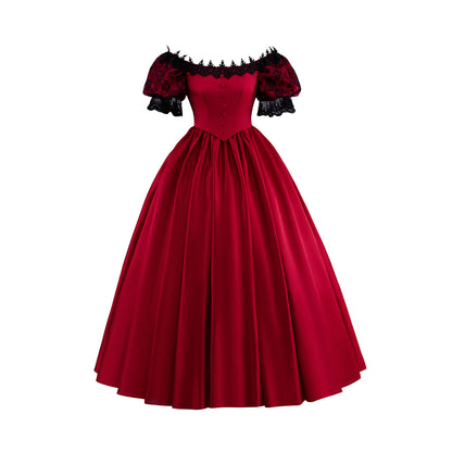 Victorian Red Satin Gown with Off Shoulder Neckline Black Ruffled Trim for Historical Reenactments Victorian Themed Halloween Christmas
