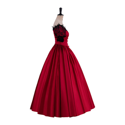 Victorian Red Satin Gown with Off Shoulder Neckline Black Ruffled Trim for Historical Reenactments Victorian Themed Halloween Christmas