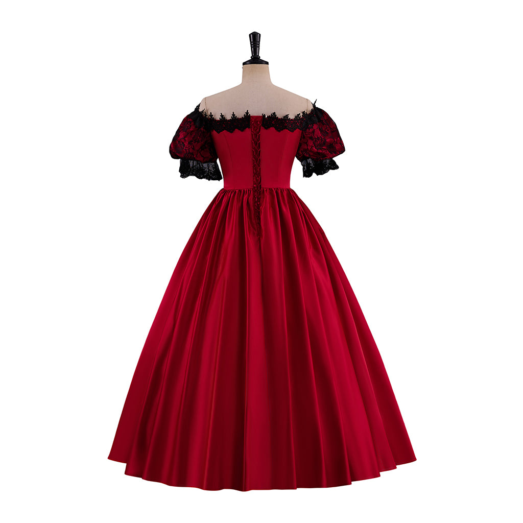 Victorian Red Satin Gown with Off Shoulder Neckline Black Ruffled Trim for Historical Reenactments Victorian Themed Halloween Christmas