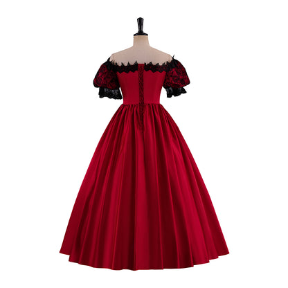 Victorian Red Satin Gown with Off Shoulder Neckline Black Ruffled Trim for Historical Reenactments Victorian Themed Halloween Christmas