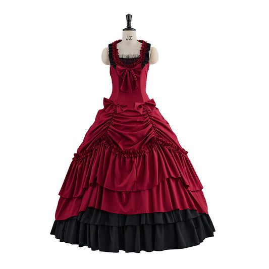 Victorian Red Velvet Gown with Waist - Cinching and Ruffled Skirt Details for Historical Reenactments Victorian Themed Gatherings Halloween Christmas