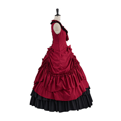 Victorian Red Velvet Gown with Waist - Cinching and Ruffled Skirt Details for Historical Reenactments Victorian Themed Gatherings Halloween Christmas
