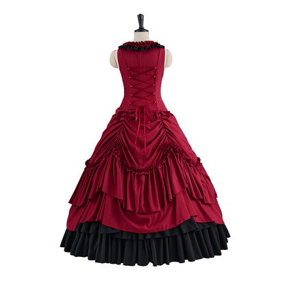 Victorian Red Velvet Gown with Waist - Cinching and Ruffled Skirt Details for Historical Reenactments Victorian Themed Gatherings Halloween Christmas