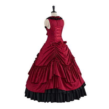 Victorian Red Velvet Gown with Waist - Cinching and Ruffled Skirt Details for Historical Reenactments Victorian Themed Gatherings Halloween Christmas