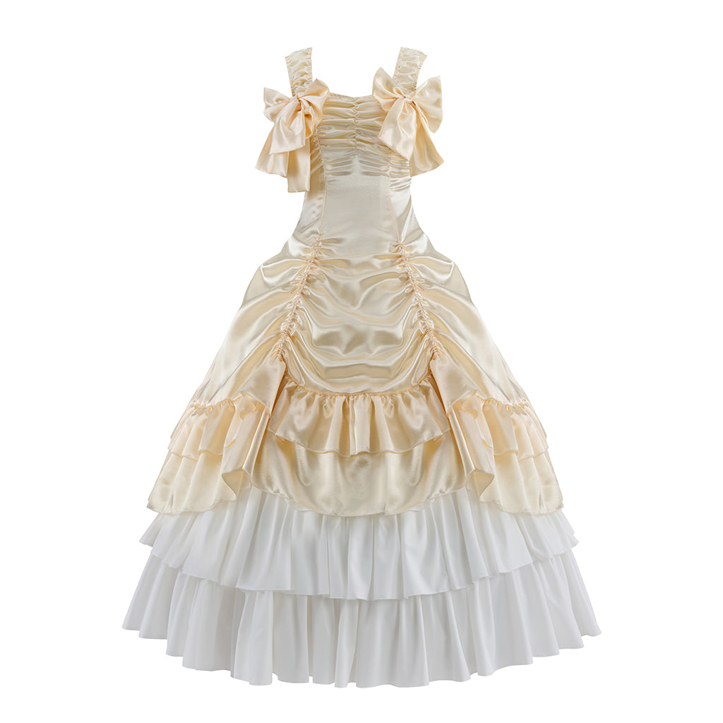 Victorian Cream and White Layered Gown with Ruffled Details and Tiered Skirt for Historical Reenactments  Halloween Christmas