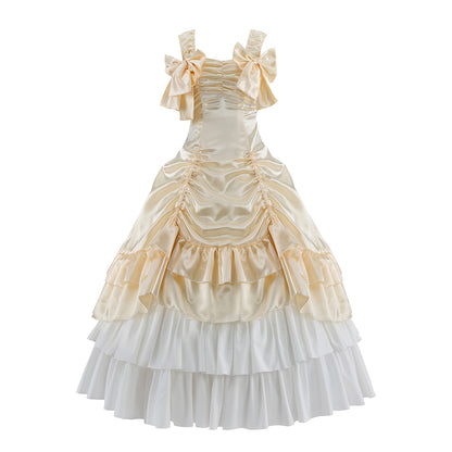 Victorian Cream and White Layered Gown with Ruffled Details and Tiered Skirt for Historical Reenactments  Halloween Christmas