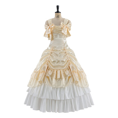 Victorian Cream and White Layered Gown with Ruffled Details and Tiered Skirt for Historical Reenactments  Halloween Christmas