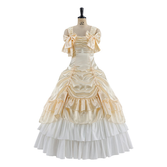 Victorian Cream and White Layered Gown with Ruffled Details and Tiered Skirt for Historical Reenactments  Halloween Christmas