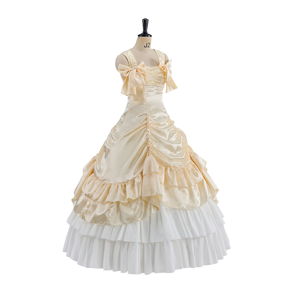 Victorian Cream and White Layered Gown with Ruffled Details and Tiered Skirt for Historical Reenactments  Halloween Christmas