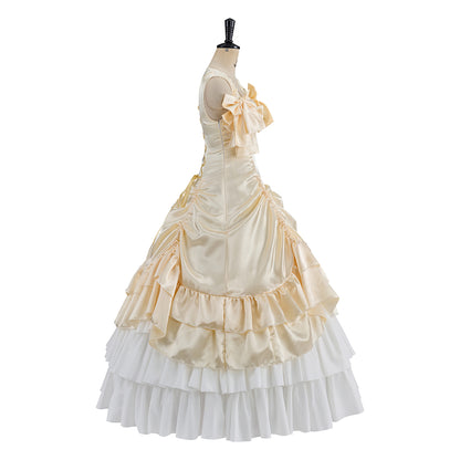 Victorian Cream and White Layered Gown with Ruffled Details and Tiered Skirt for Historical Reenactments  Halloween Christmas