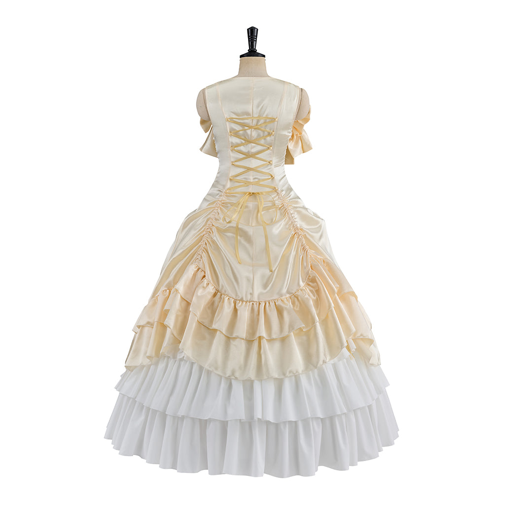 Victorian Cream and White Layered Gown with Ruffled Details and Tiered Skirt for Historical Reenactments  Halloween Christmas