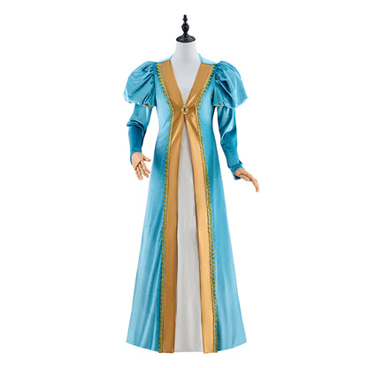 Renaissance Light Blue and Gold Color - Blocked Gown with Puff Sleeves and Fitted Waist for Historical Reenactments Halloween Christmas