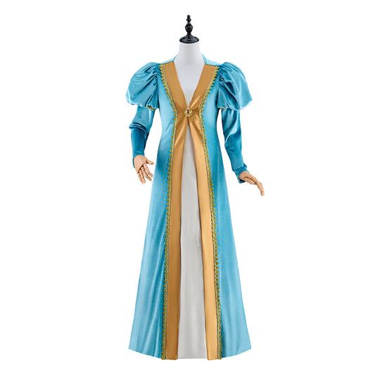 Renaissance Light Blue and Gold Color - Blocked Gown with Puff Sleeves and Fitted Waist for Historical Reenactments Halloween Christmas