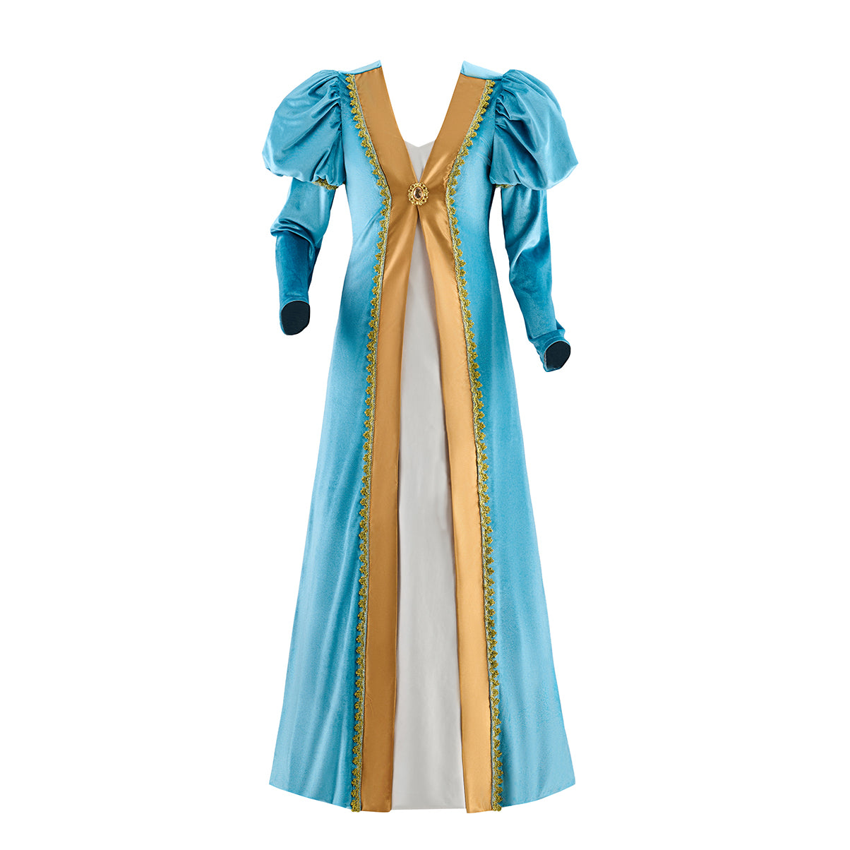 Renaissance Light Blue and Gold Color - Blocked Gown with Puff Sleeves and Fitted Waist for Historical Reenactments Halloween Christmas