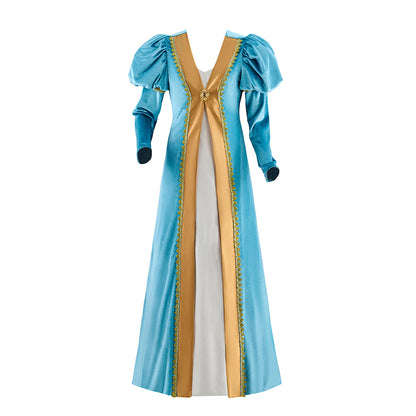 Renaissance Light Blue and Gold Color - Blocked Gown with Puff Sleeves and Fitted Waist for Historical Reenactments Halloween Christmas