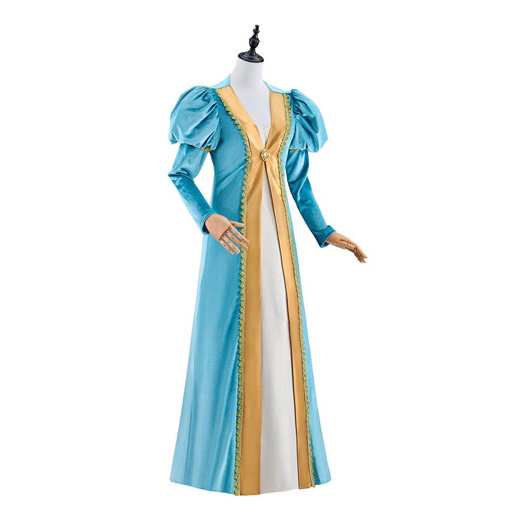 Renaissance Light Blue and Gold Color - Blocked Gown with Puff Sleeves and Fitted Waist for Historical Reenactments Halloween Christmas