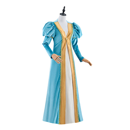 Renaissance Light Blue and Gold Color - Blocked Gown with Puff Sleeves and Fitted Waist for Historical Reenactments Halloween Christmas