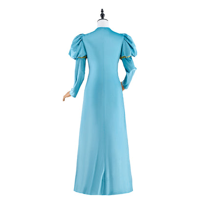 Renaissance Light Blue and Gold Color - Blocked Gown with Puff Sleeves and Fitted Waist for Historical Reenactments Halloween Christmas