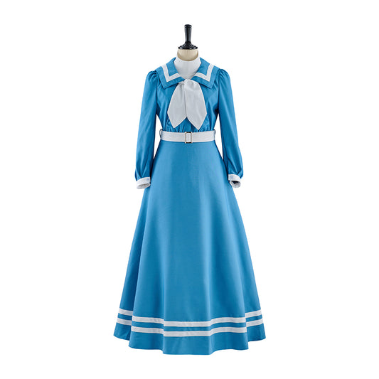 Regency Blue Satin Gown with High Waist Long Sleeves and White Trim for Historical Reenactments Regency Themed Gatherings Halloween Christmas