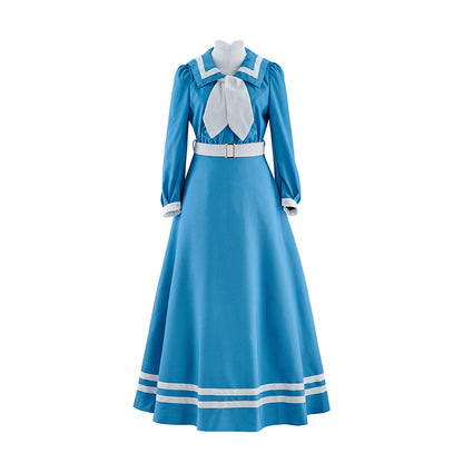Regency Blue Satin Gown with High Waist Long Sleeves and White Trim for Historical Reenactments Regency Themed Gatherings Halloween Christmas