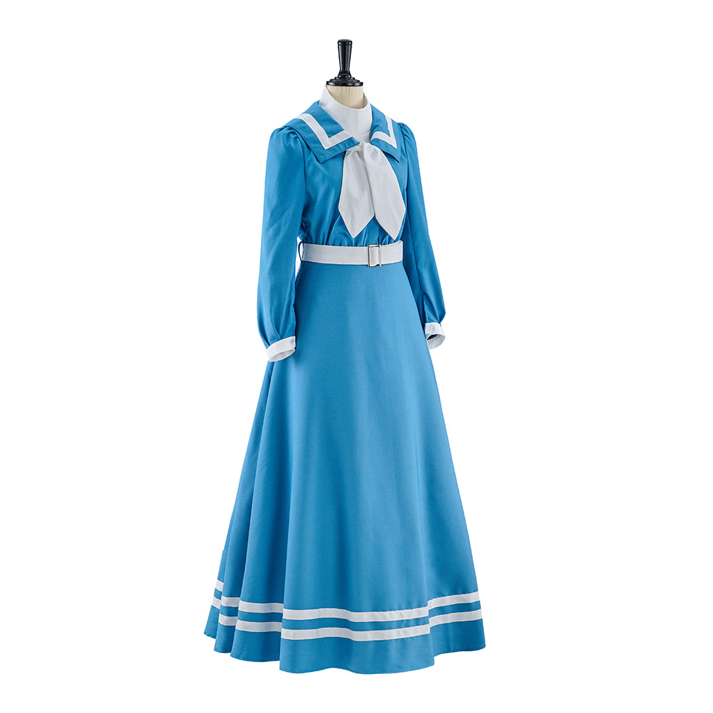 Regency Blue Satin Gown with High Waist Long Sleeves and White Trim for Historical Reenactments Regency Themed Gatherings Halloween Christmas