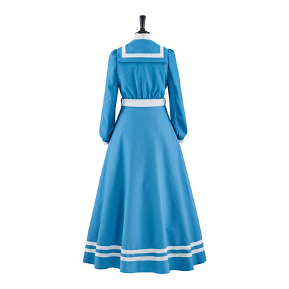 Regency Blue Satin Gown with High Waist Long Sleeves and White Trim for Historical Reenactments Regency Themed Gatherings Halloween Christmas