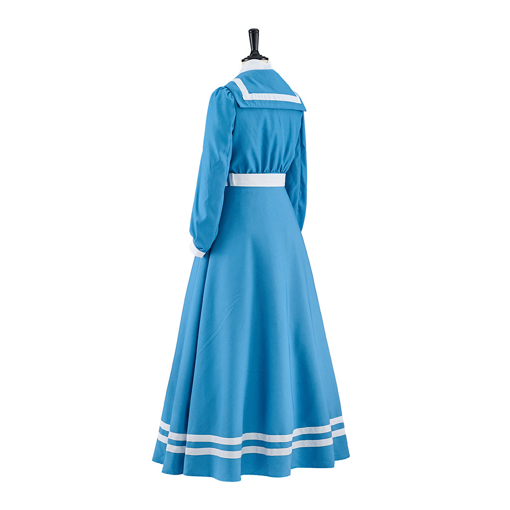 Regency Blue Satin Gown with High Waist Long Sleeves and White Trim for Historical Reenactments Regency Themed Gatherings Halloween Christmas